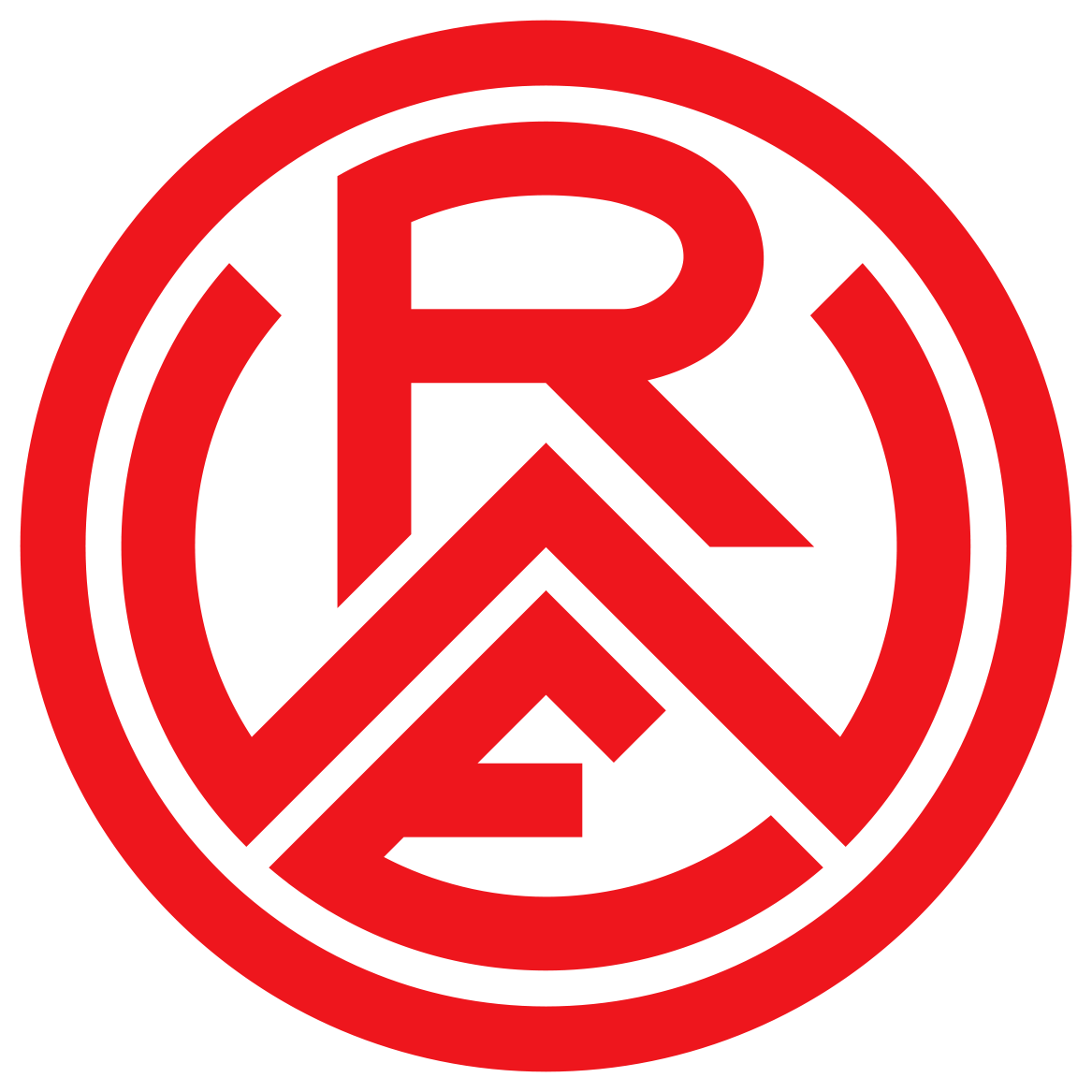 Rotes rundes Logo mit weißen Buchstaben RWE modern gestaltet auf weißem Hintergrund