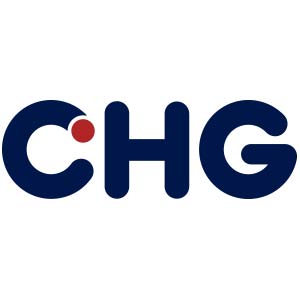 Das CHG Logo zeigt dunkelblaue Buchstaben mit einem roten Punkt im Buchstaben C