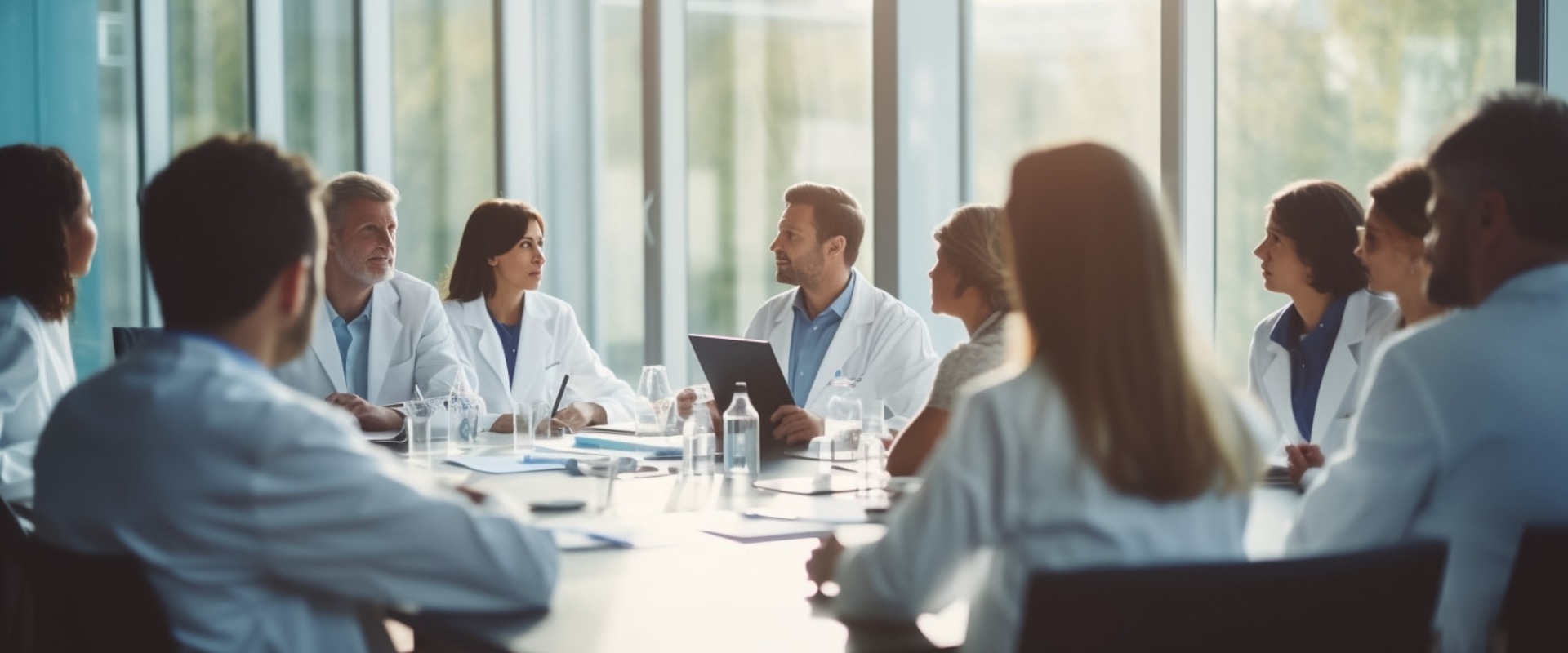 copy space, stockphoto, Medizinisches Team bei einer Besprechung im Konferenzraum. Gruppe von multirassischem medizinischem Personal bei einer Besprechung in einem Raum. Diskussion in einem Besprechungsraum.