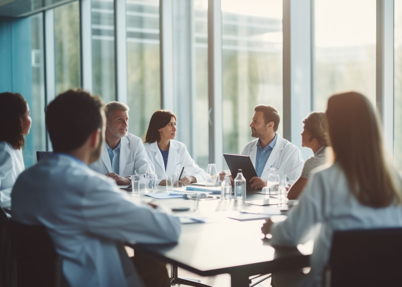 copy space, stockphoto, Medizinisches Team bei einer Besprechung im Konferenzraum. Gruppe von multirassischem medizinischem Personal bei einer Besprechung in einem Raum. Diskussion in einem Besprechungsraum.