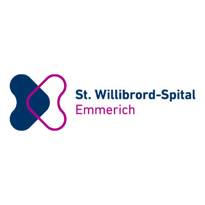 Logo vom St Willibrord Spital Emmerich mit blau pinkem abstraktem Symbol