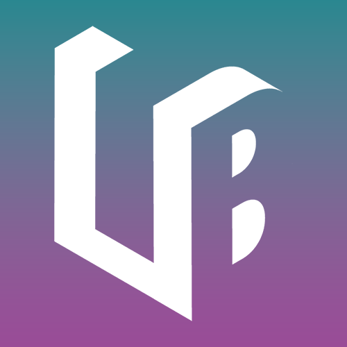 Ein weißes stilisiertes UB Logo auf blau lila Farbverlauf mit klaren Kanten