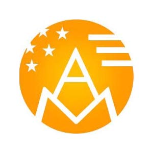 Ein oranges Symbol mit weißen Sternen, Linien und einem stilisierten Buchstaben A