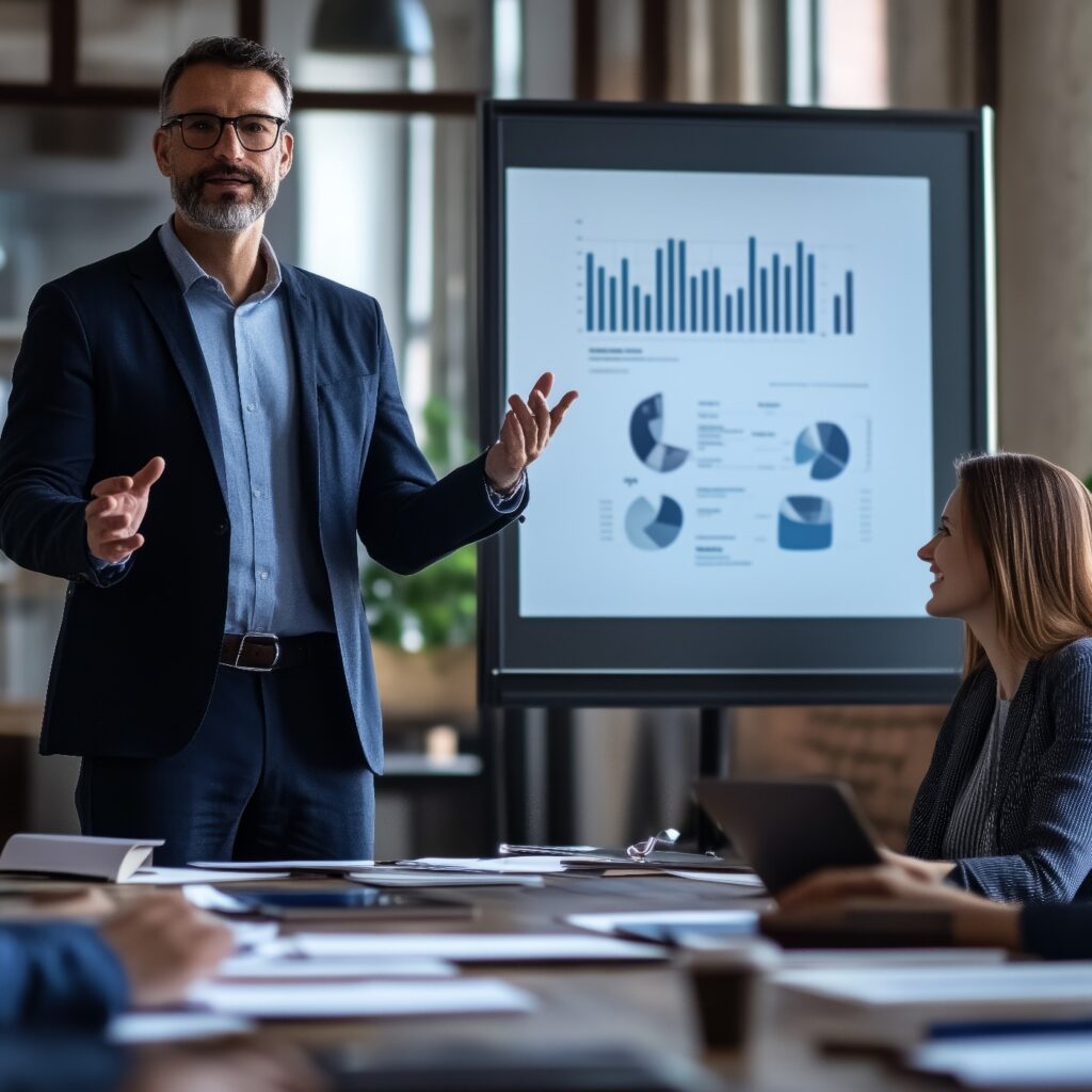 Mitarbeiterbesprechung an einem langen Schreibtisch zur Präsentation in einem Büroraum. Manager steht neben Finanzdiagramm. Teamarbeit bei einer Konferenz. Geschäftsschulung, Diskussion und Brainstorming-Seminar.