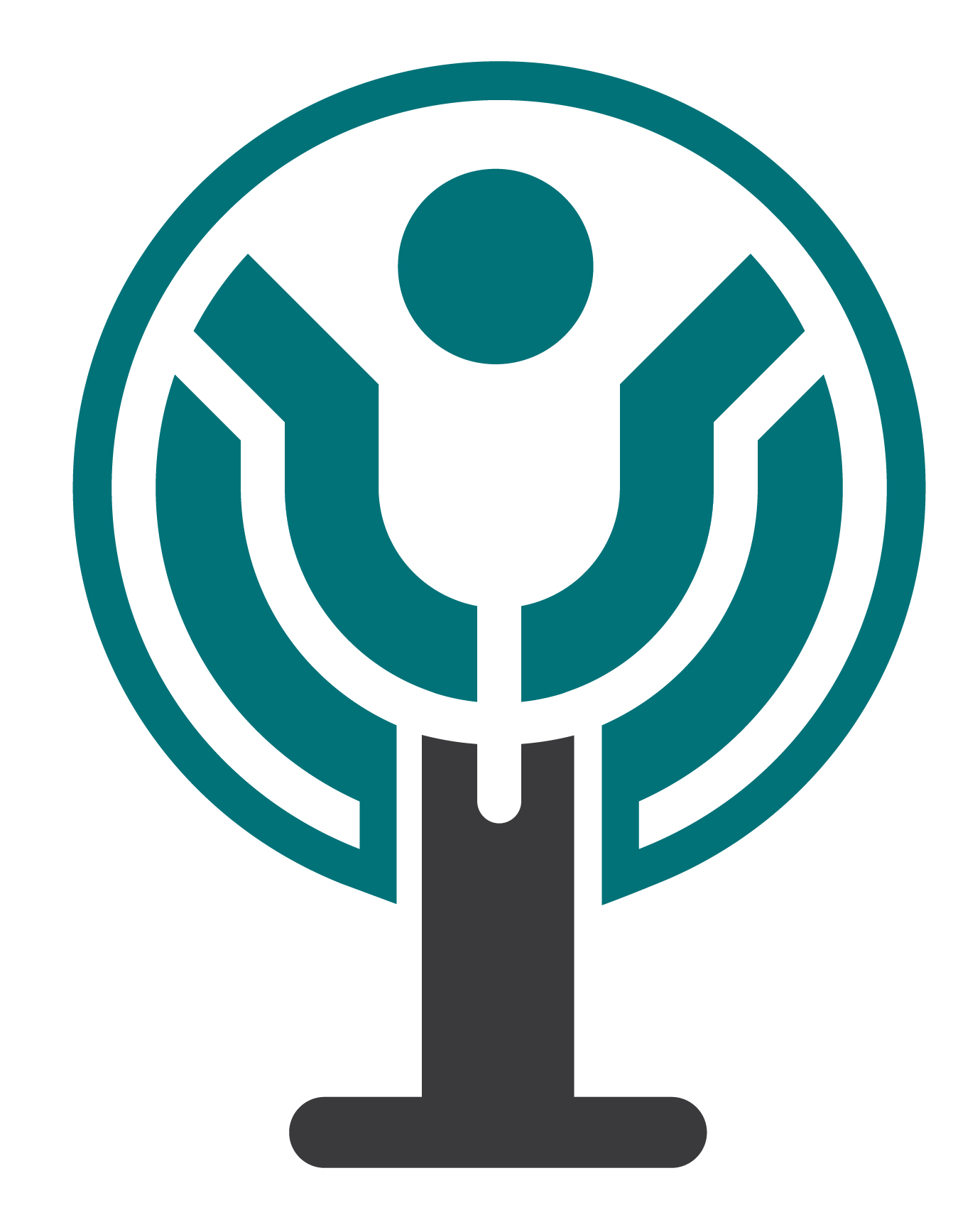 Logo in grüner und schwarzer Farbe mit stilisierter Person in Kreisform und erhobenen Armen